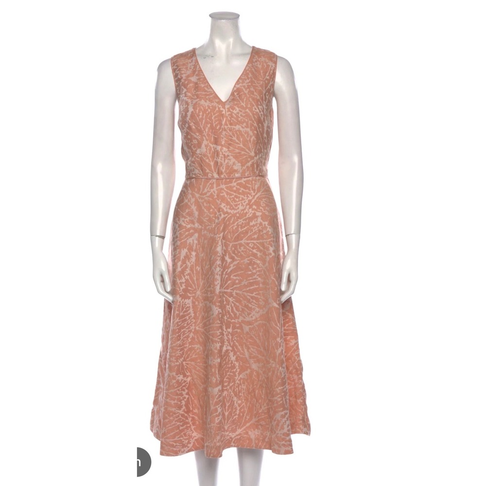 Lafayette 148 New York Coral White Leaf Jacquard V-Neck Midi Dress Womens 18